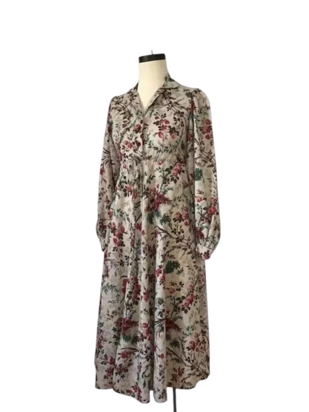 Vintage Young Edwardian Floral Midi Dress Tie Waist Cottagecore Boho Prairie